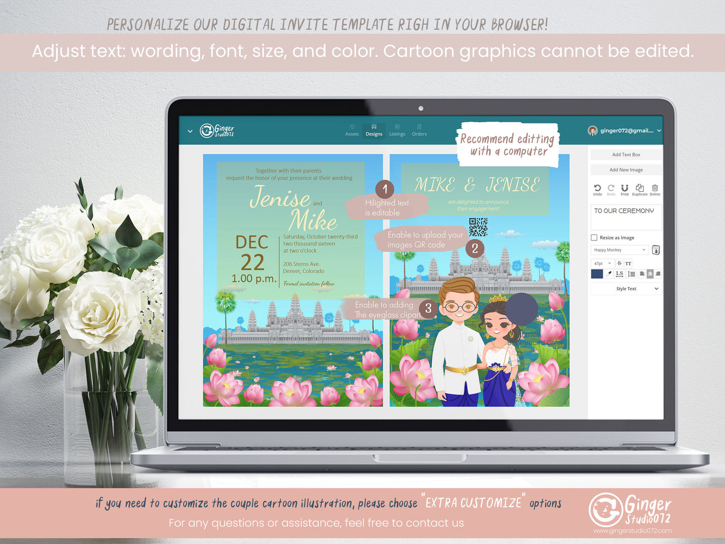 Cute Asian, Khmer, Lao, Thai Wedding invitation, E-Invite template #asiv240202