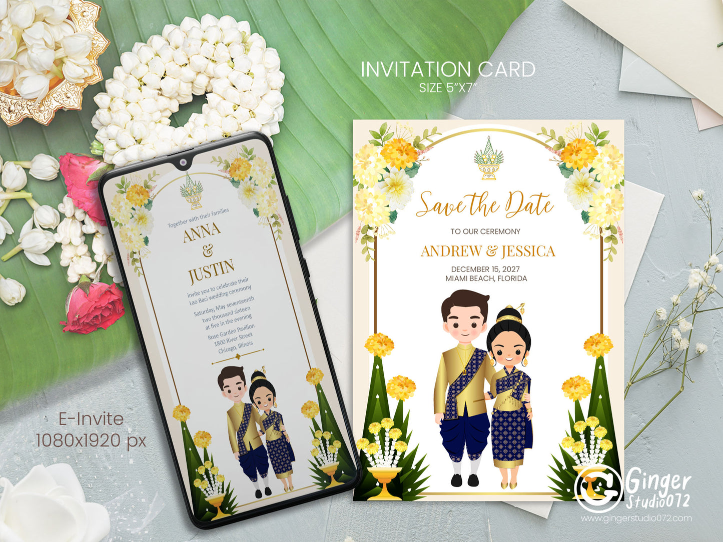 Cute Asian, Khmer, Lao, Thai Wedding invitation, E-Invite template #asiv241201