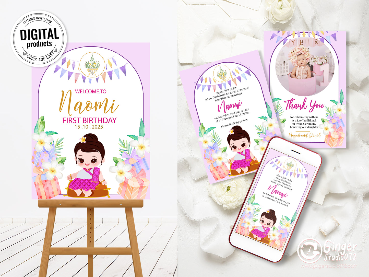 Cute 1st Birthday Invitation, Southeast Asian Theme, Customize Template #fbiv230504
