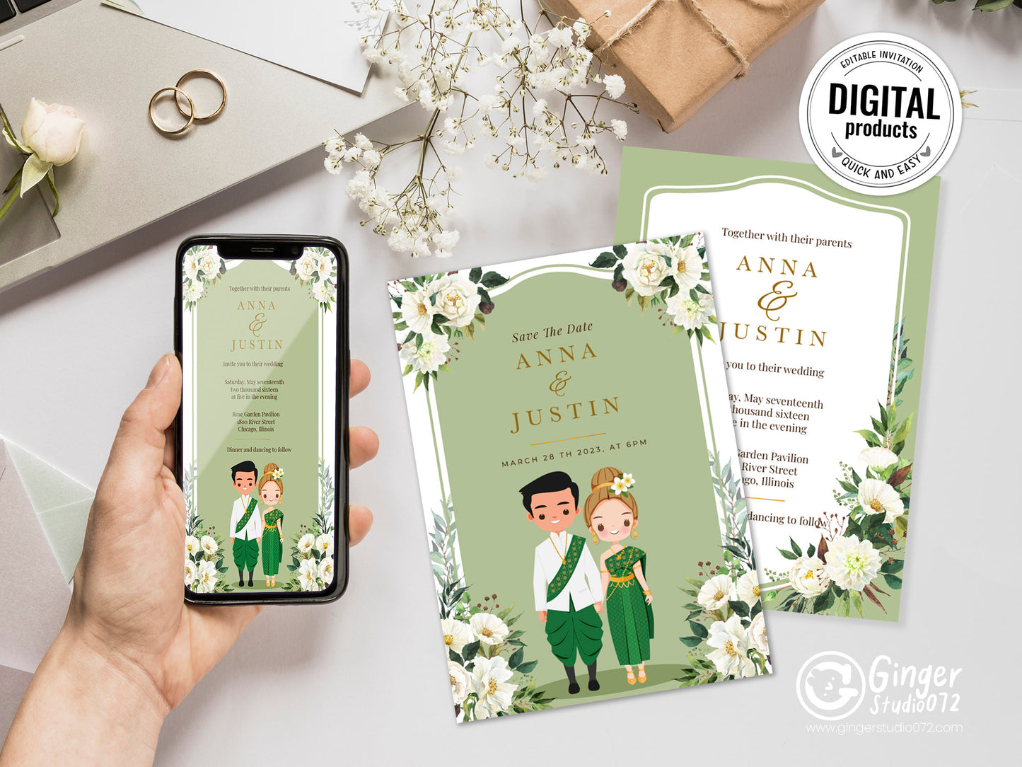 Cute Asian, Khmer, Lao, Thai Wedding invitation, E-Invite template #sewc230103