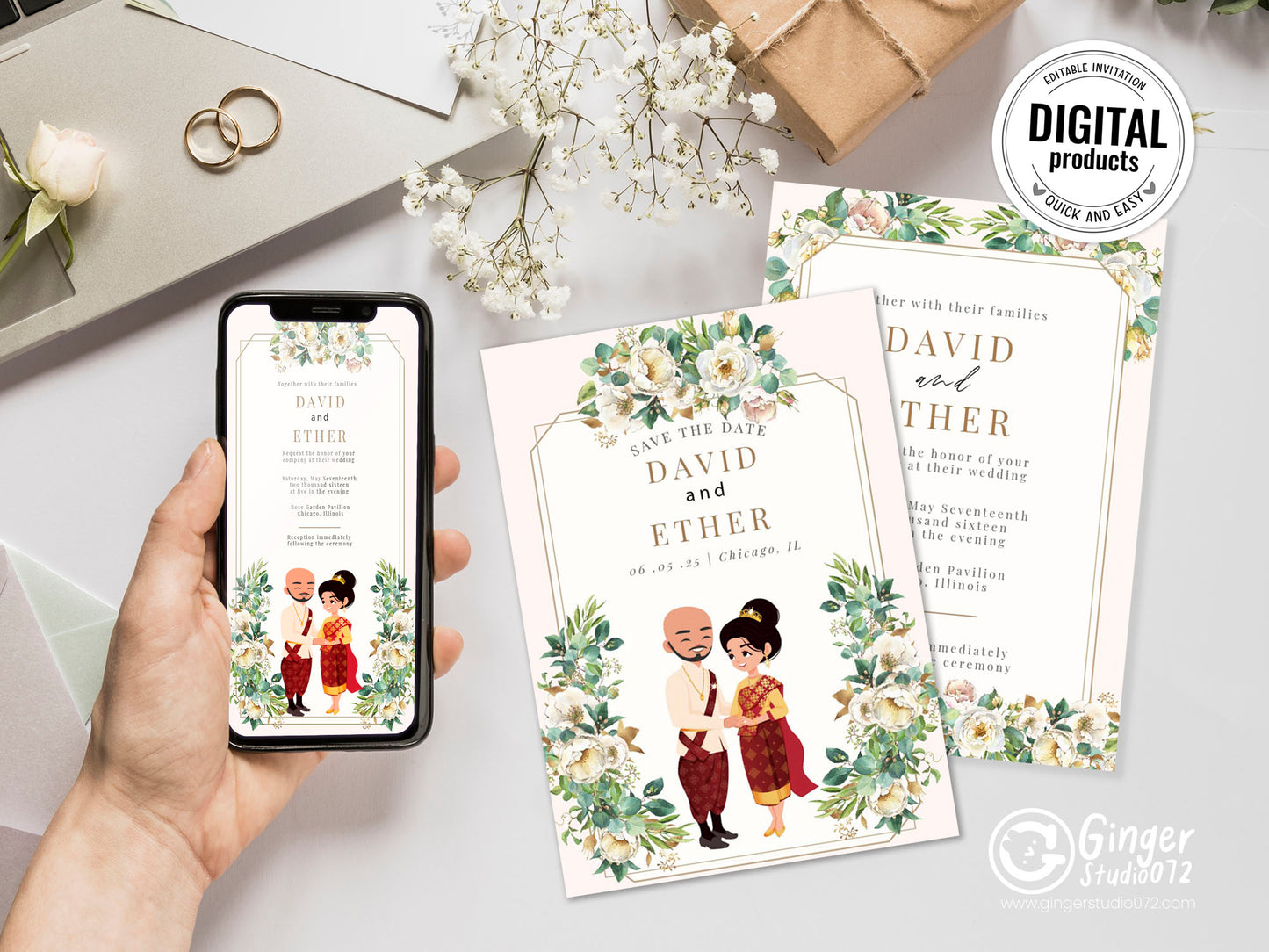 Cute Asian, Khmer, Lao, Thai Wedding invitation, E-Invite template #sewc221102
