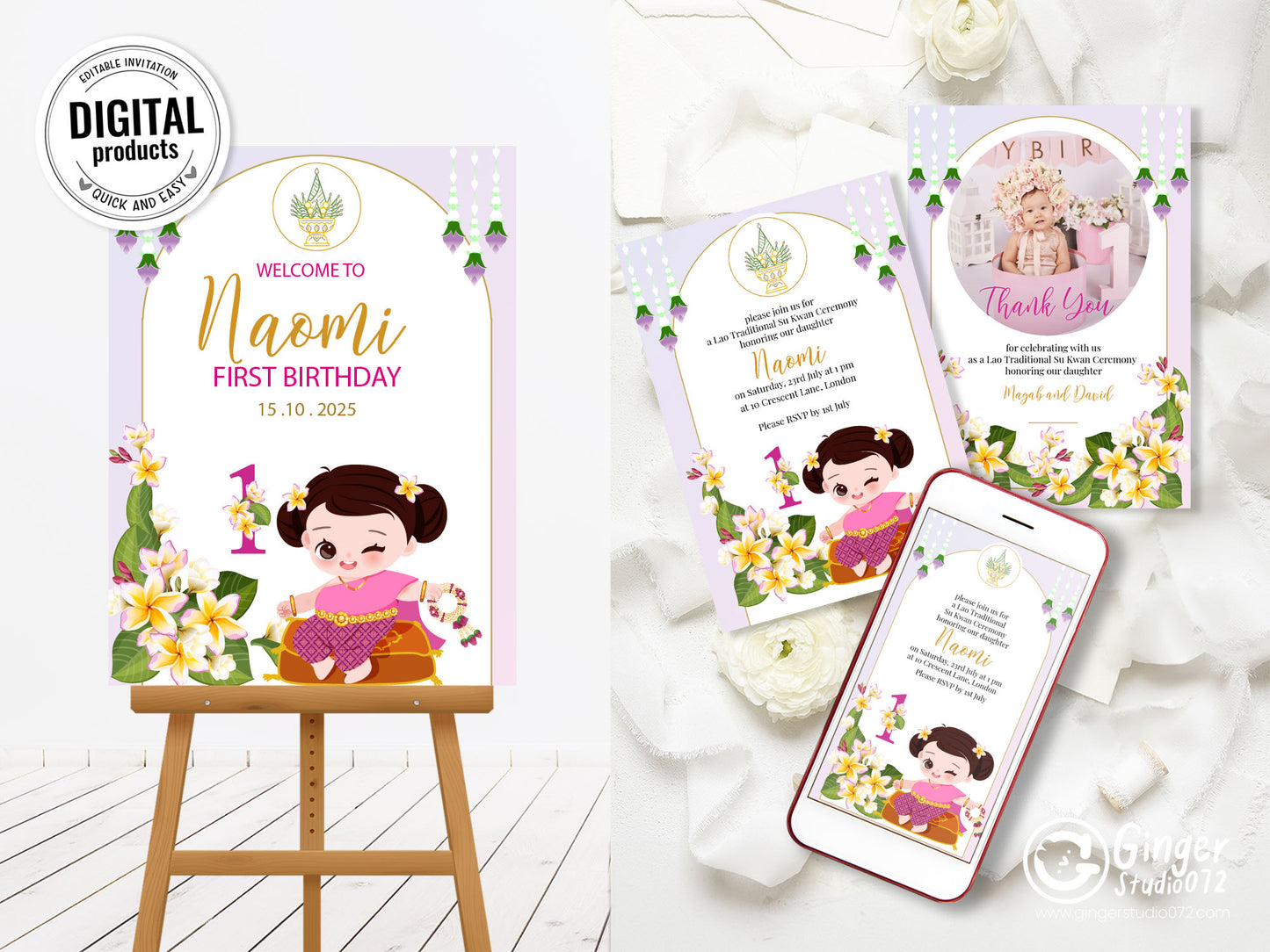 Cute 1st Birthday Invitation, Southeast Asian Theme, Customize Template #fbiv230502