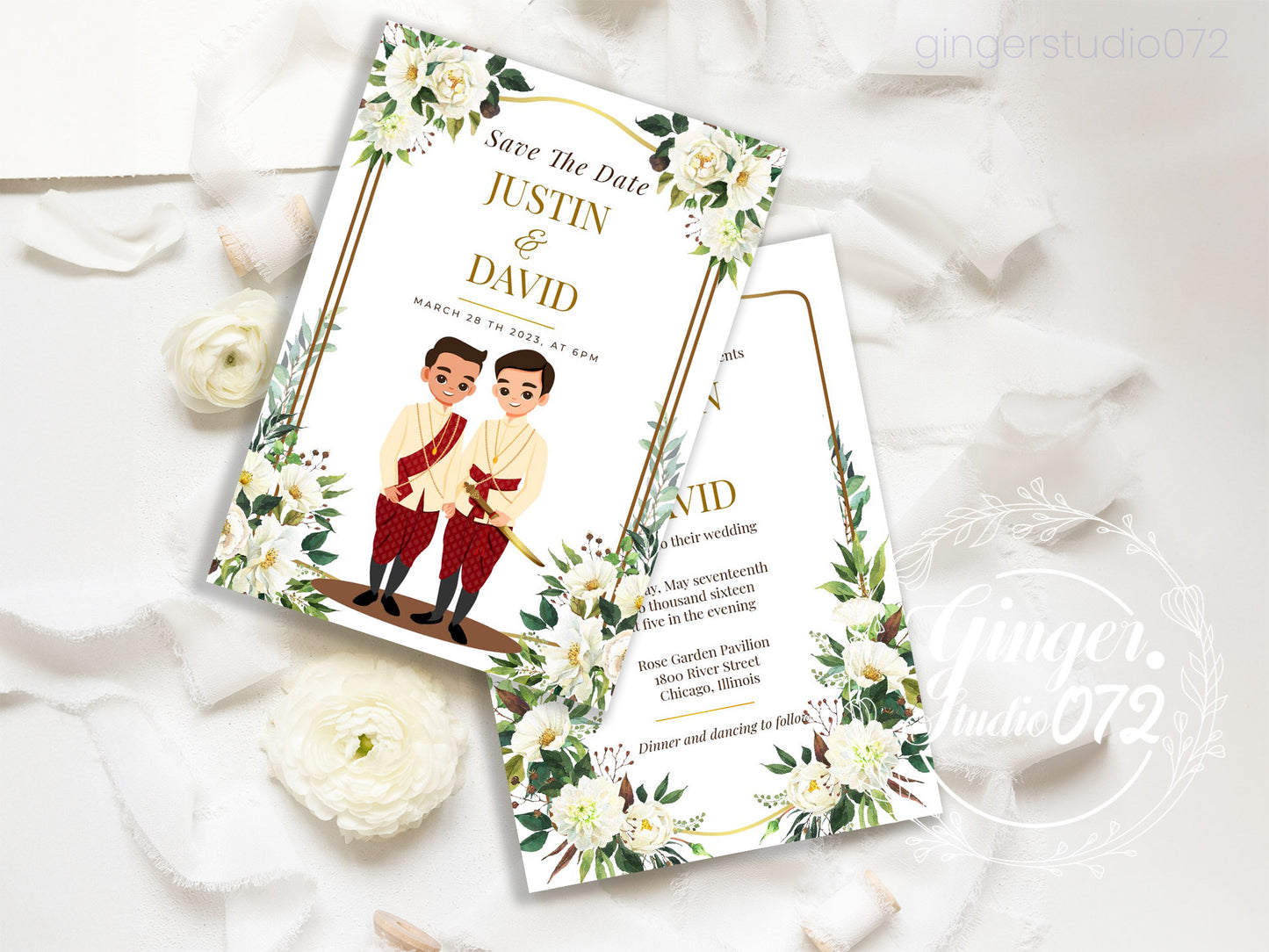 Cute LGBT wedding invite, Southeast Asian Theme, customize template #lbgt230201