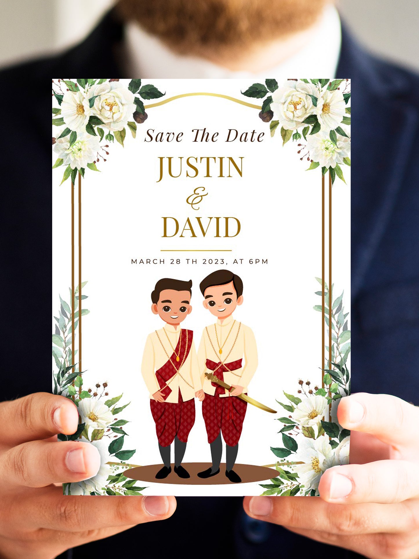 Cute LGBT wedding invite, Southeast Asian Theme, customize template #lbgt230201