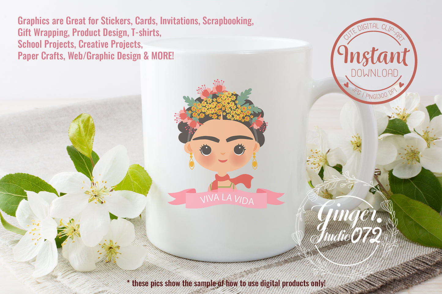 Cute clipart : Frida Clip Art Illustration Graphics transparent background set
