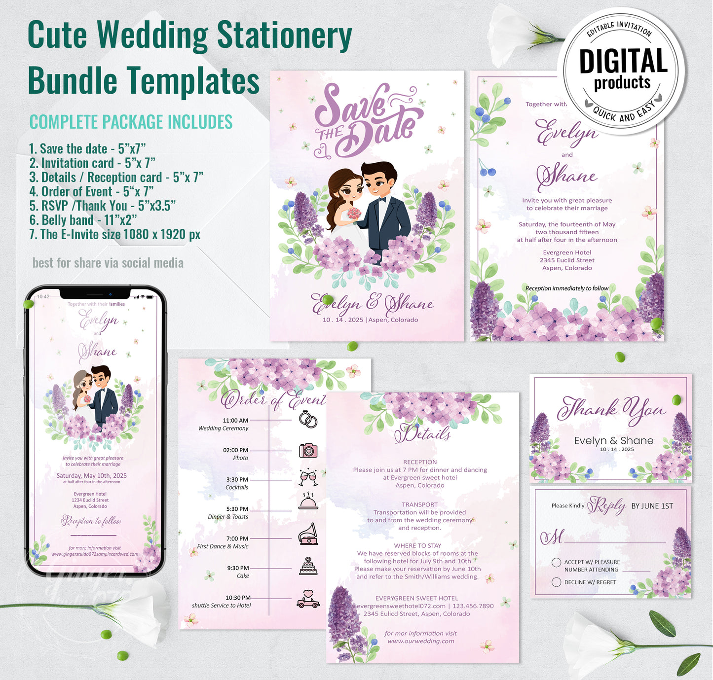 Cute Wedding Invitation, E-invitation, Digital Template #wd002024