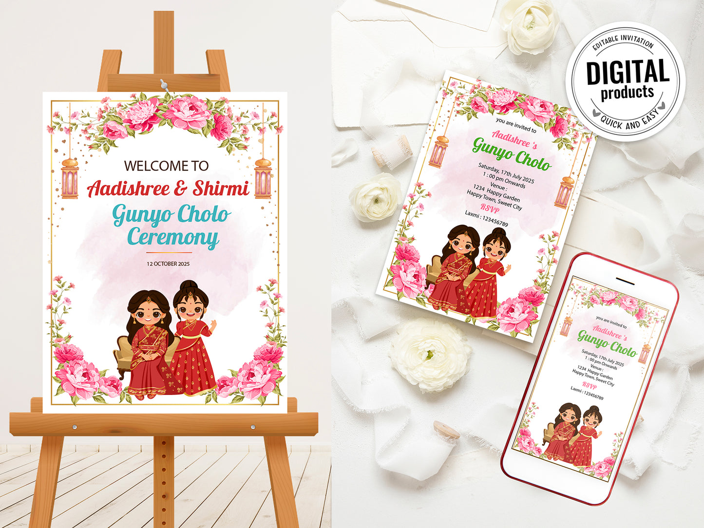 Cute Milestone Invite, Gunyo Cholo Ceremony, Customize Template #hfiv230605
