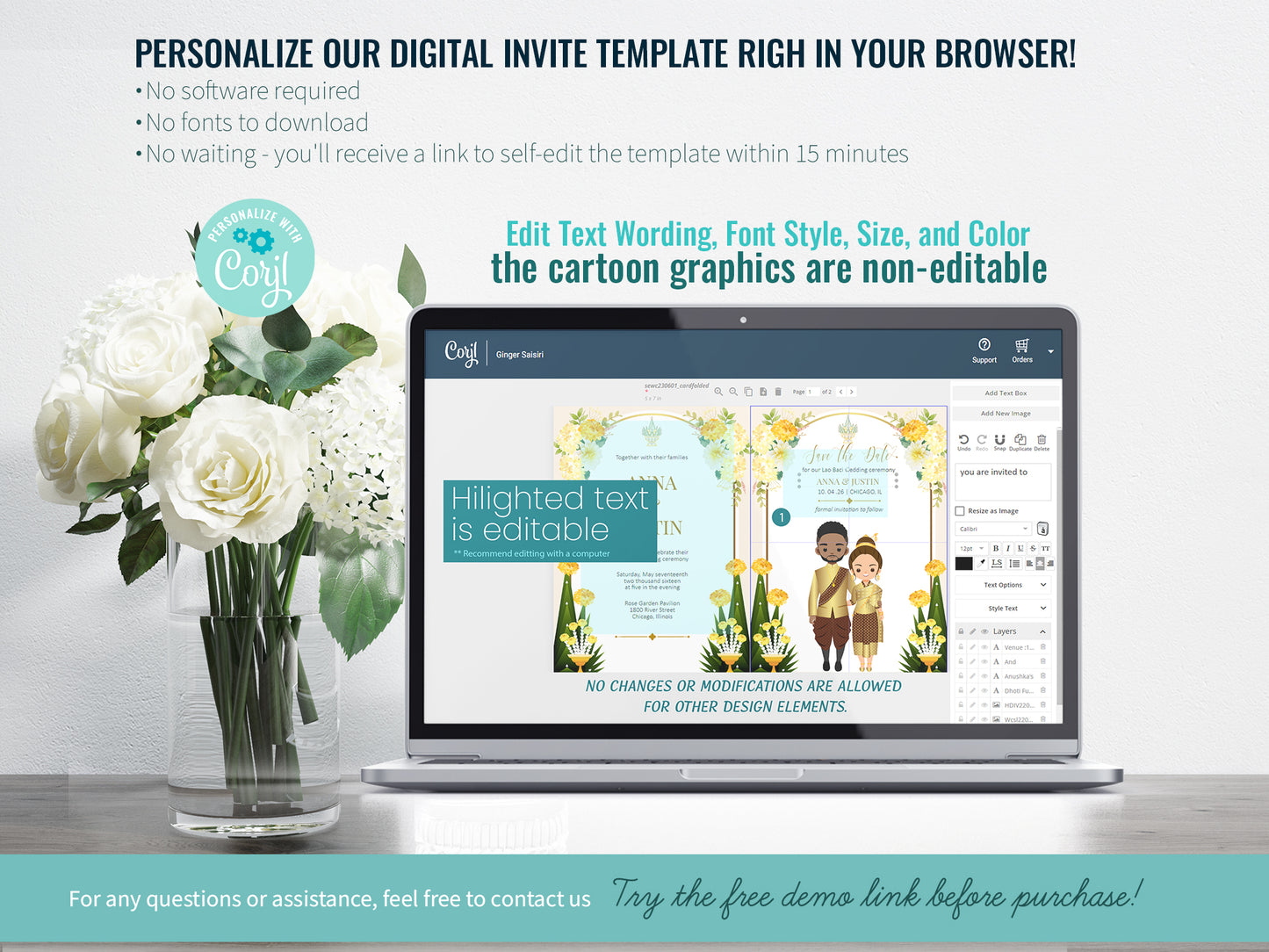 Cute Asian, Khmer, Lao, Thai Wedding invitation, E-Invite template #sewc230601