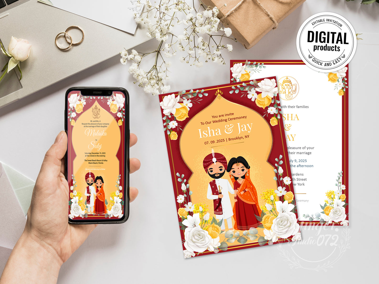 Cute Indian/Hindu wedding invite, Haldi/Mehndi/Sangeet, Customize template #idwc210201