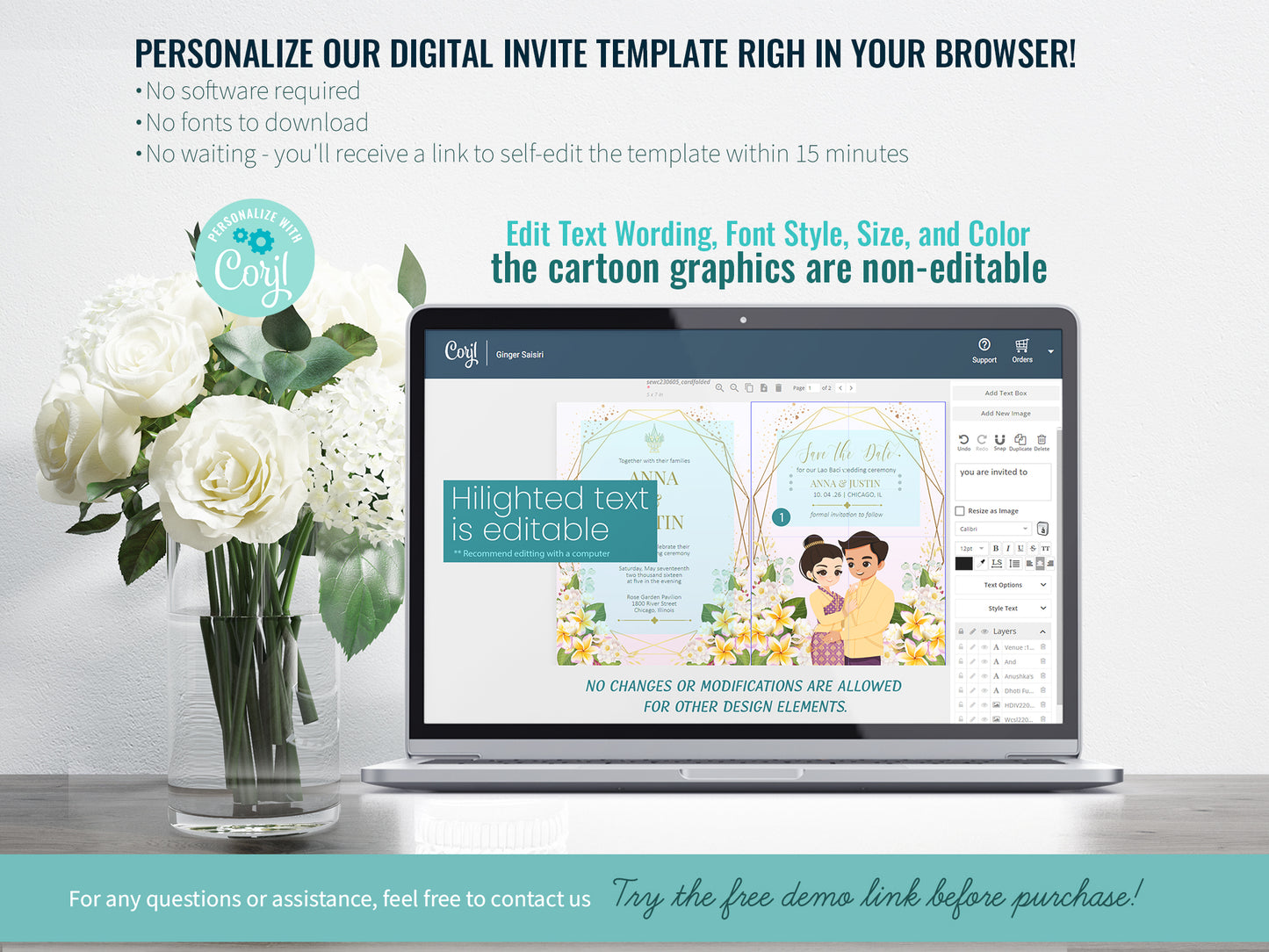 Cute Asian, Khmer, Lao, Thai Wedding invitation, E-Invite template #sewc230605