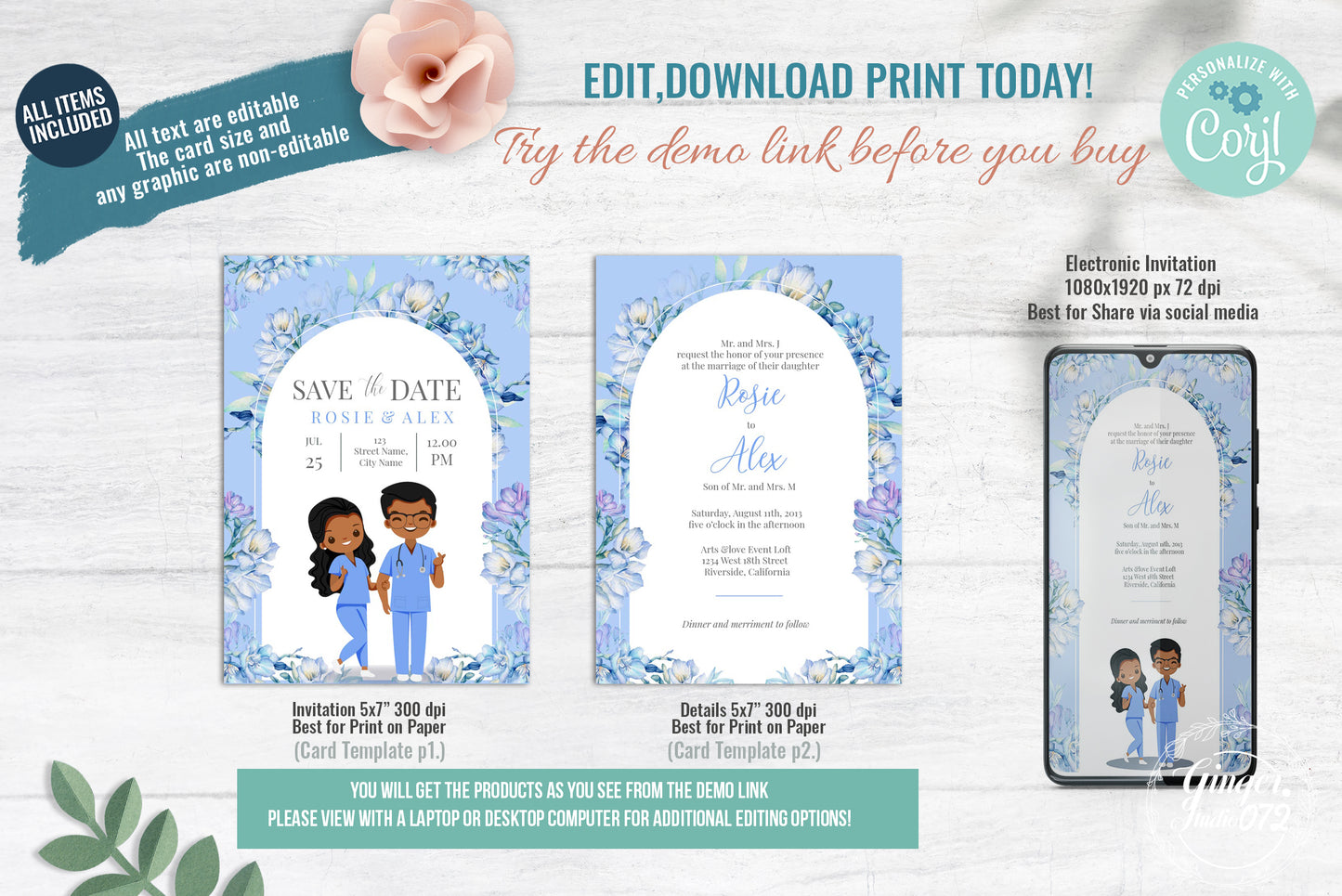 Cute Uniform Wedding, Doctor couple wedding, Invitation Template #UWIV230101