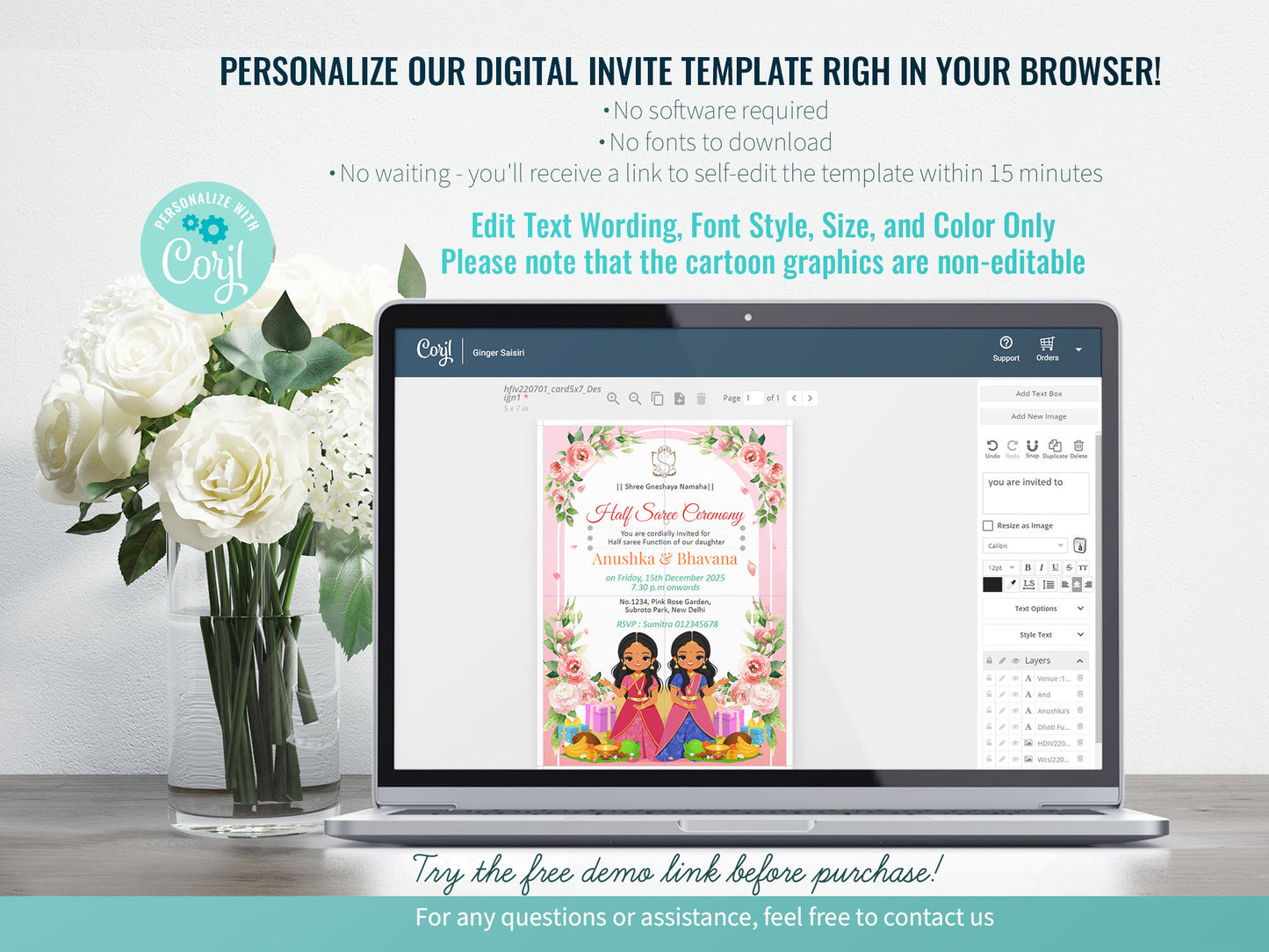 Cute Milestone invite : half saree ceremony, Customize Template #hfiv220703
