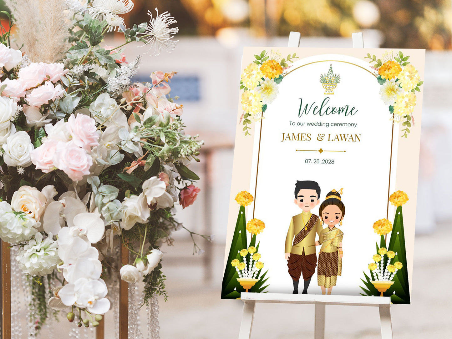 Cute Asian Wedding sign: Lao/Khmer/Thai Reception sign template #ASWC240201