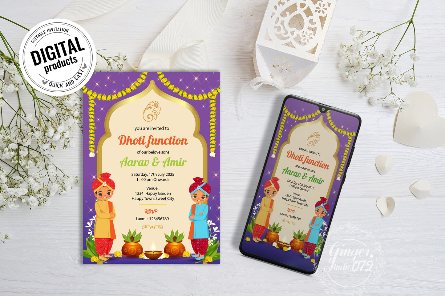 Cute Milestone invite, Dhoti function Ceremony, Customize Template #hfiv220803