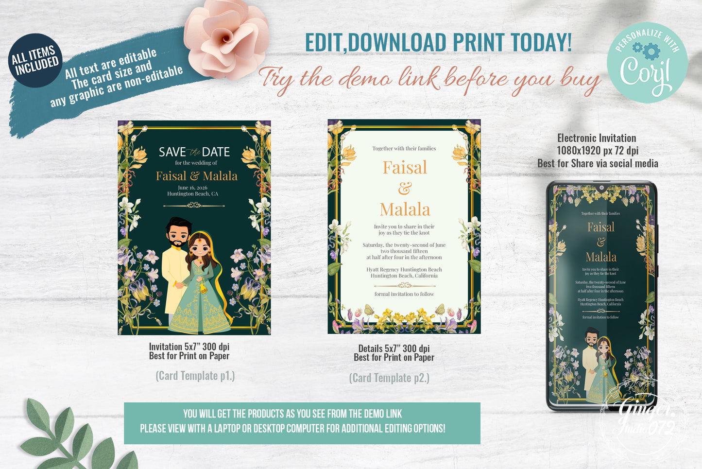 Cute Indian/Hindu wedding invite, Haldi/Mehndi/Sangeet, Customize template #idwc210109