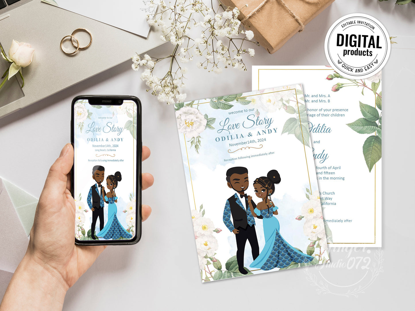 Cute African-American wedding Invitation, Customize template #bciv220402