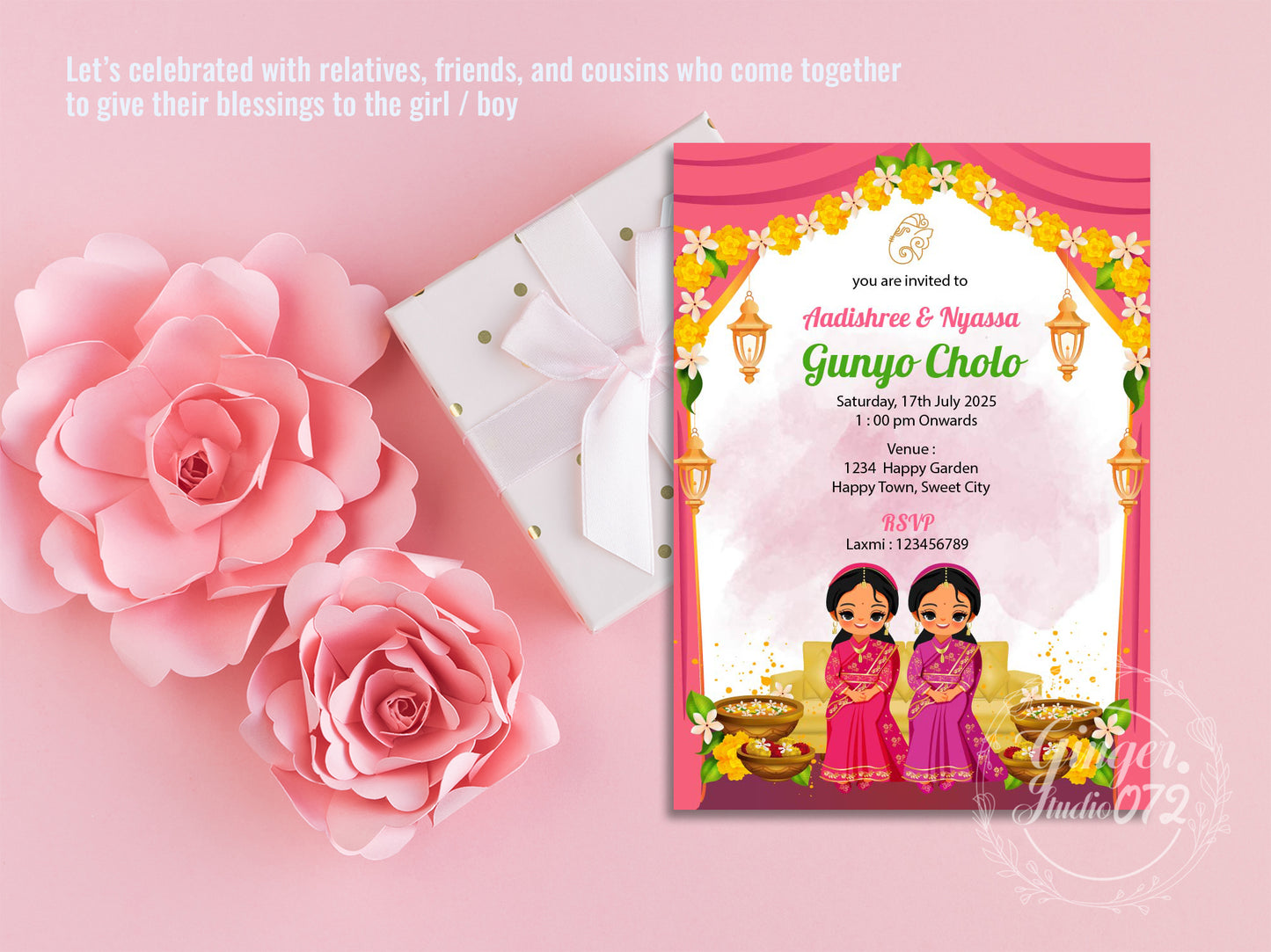Cute Milestone invite, Gunyo Cholo ceremony, Customize Template #hfiv220805