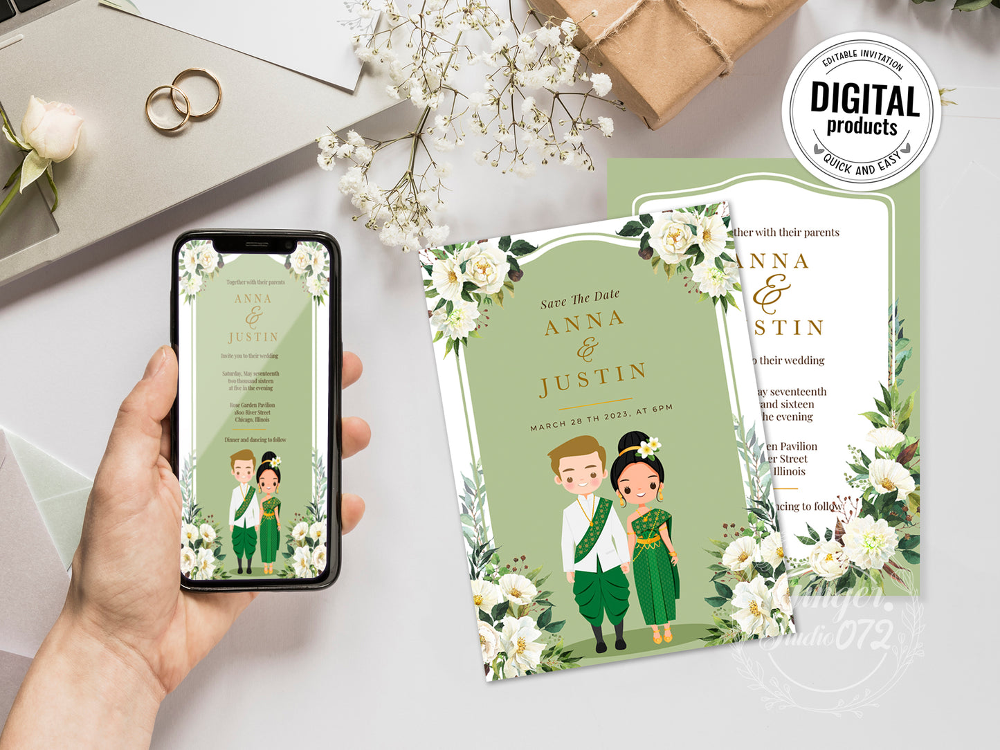 Cute Asian, Khmer, Lao, Thai Wedding invitation, E-Invite template #sewc230103