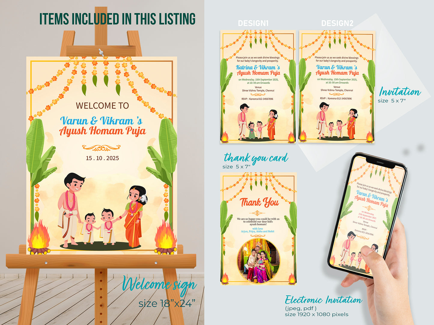 Cute Milestone invite, Ayush Homam puja function Ceremony, Customize Template #hfiv230606