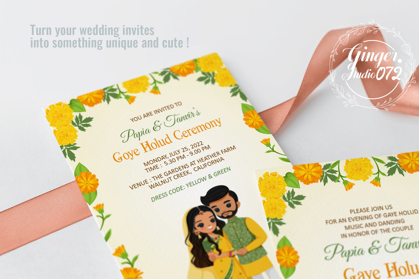 Cute Indian/Hindu wedding invite, Haldi/Mehndi/Sangeet, Customize template #idhd220801