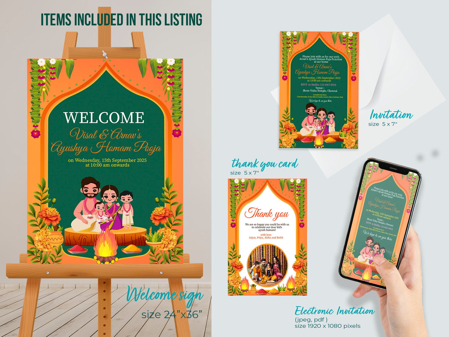 Cute Milestone invite, Ayush Homam puja function, Customize Template #hfiv230701