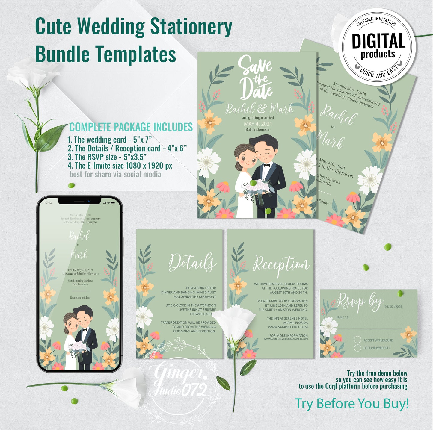 Cute Wedding Invitation, E-Invitation, Digital Template Set #ctwd200401