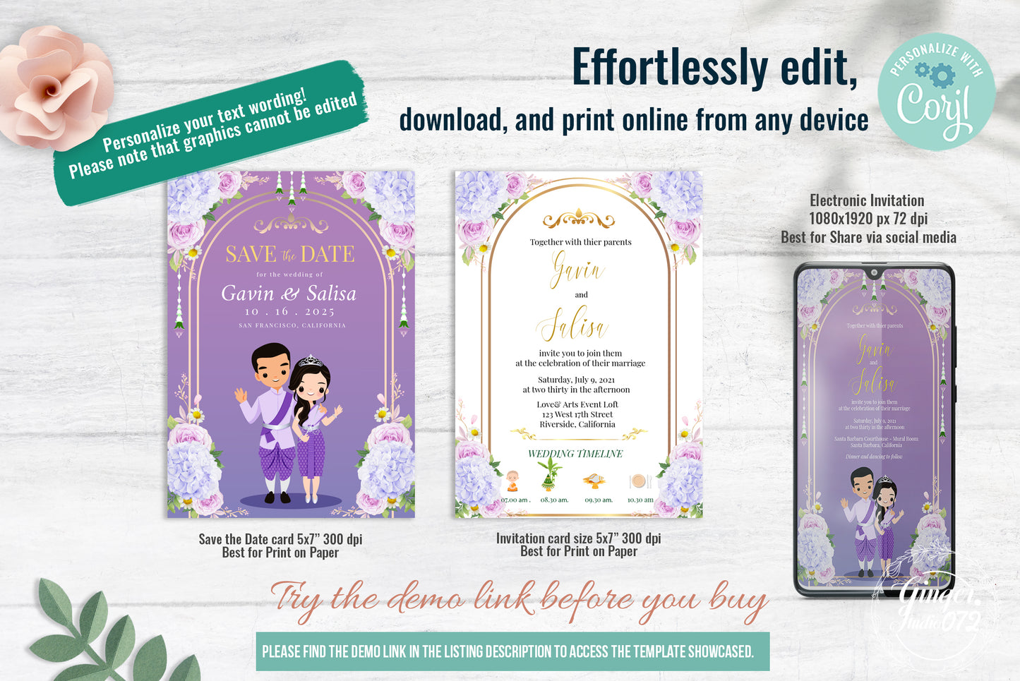 Cute Asian, Khmer, Lao, Thai Wedding invitation, E-Invite template #sewc221201