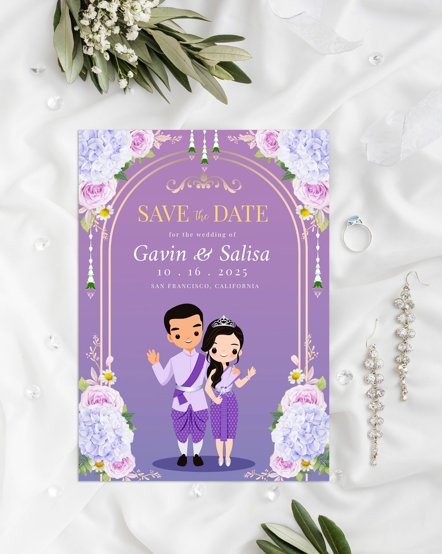 Cute Asian, Khmer, Lao, Thai Wedding invitation, E-Invite template #sewc221201