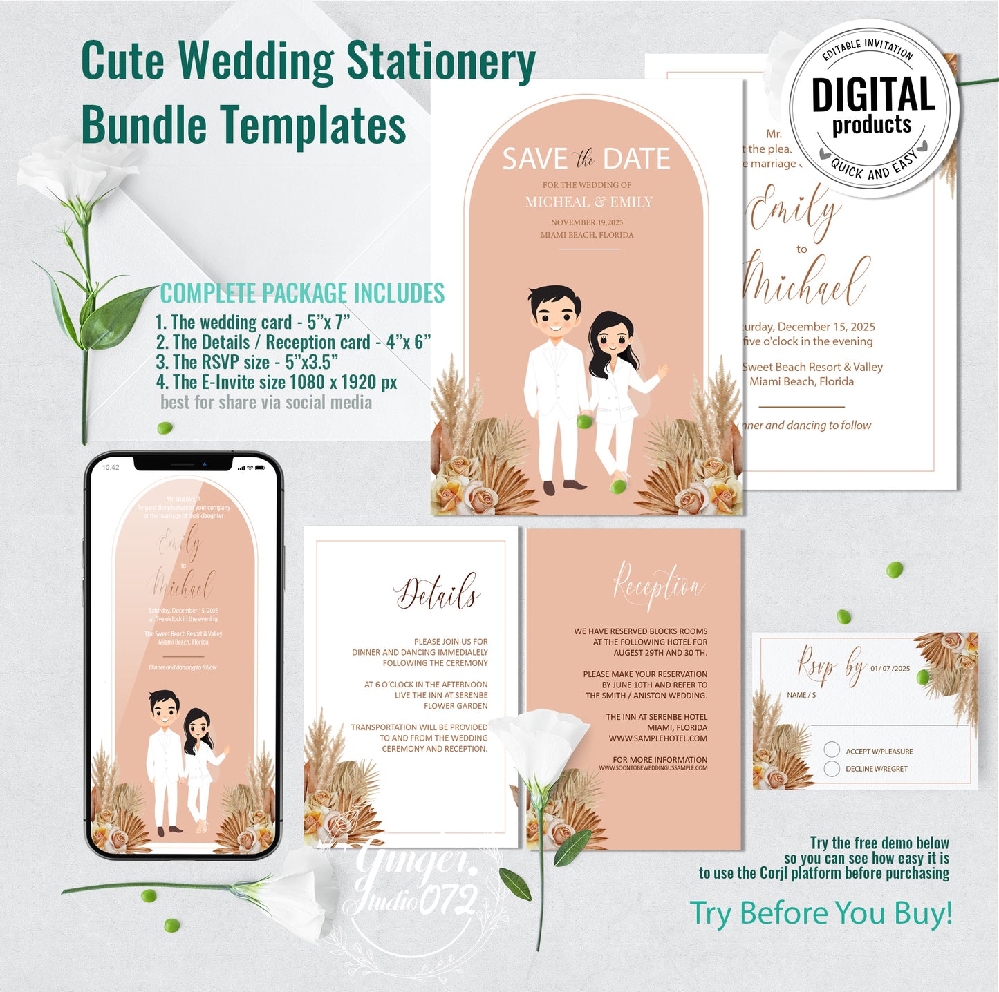 Cute Wedding Invitation, E-invites Template Set #CTWD230401