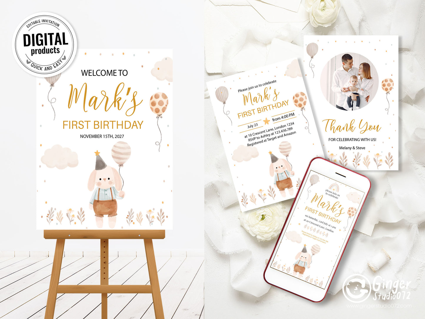 1st Birthday Celebration Kit : Personalized 1st Birthday Party template #bdtp240601