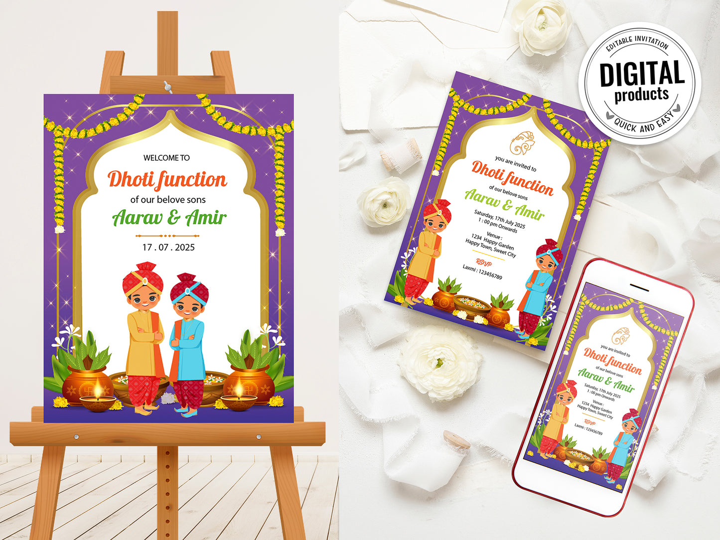 Cute Milestone invite, Dhoti function Ceremony, Customize Template #hfiv220803