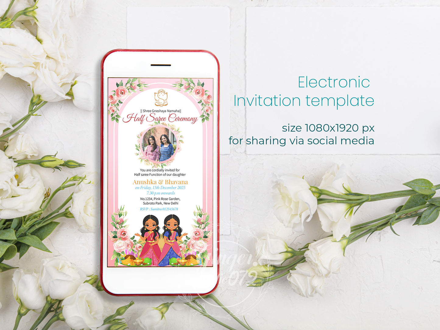 Cute Milestone invite : half saree ceremony, Customize Template #hfiv220703