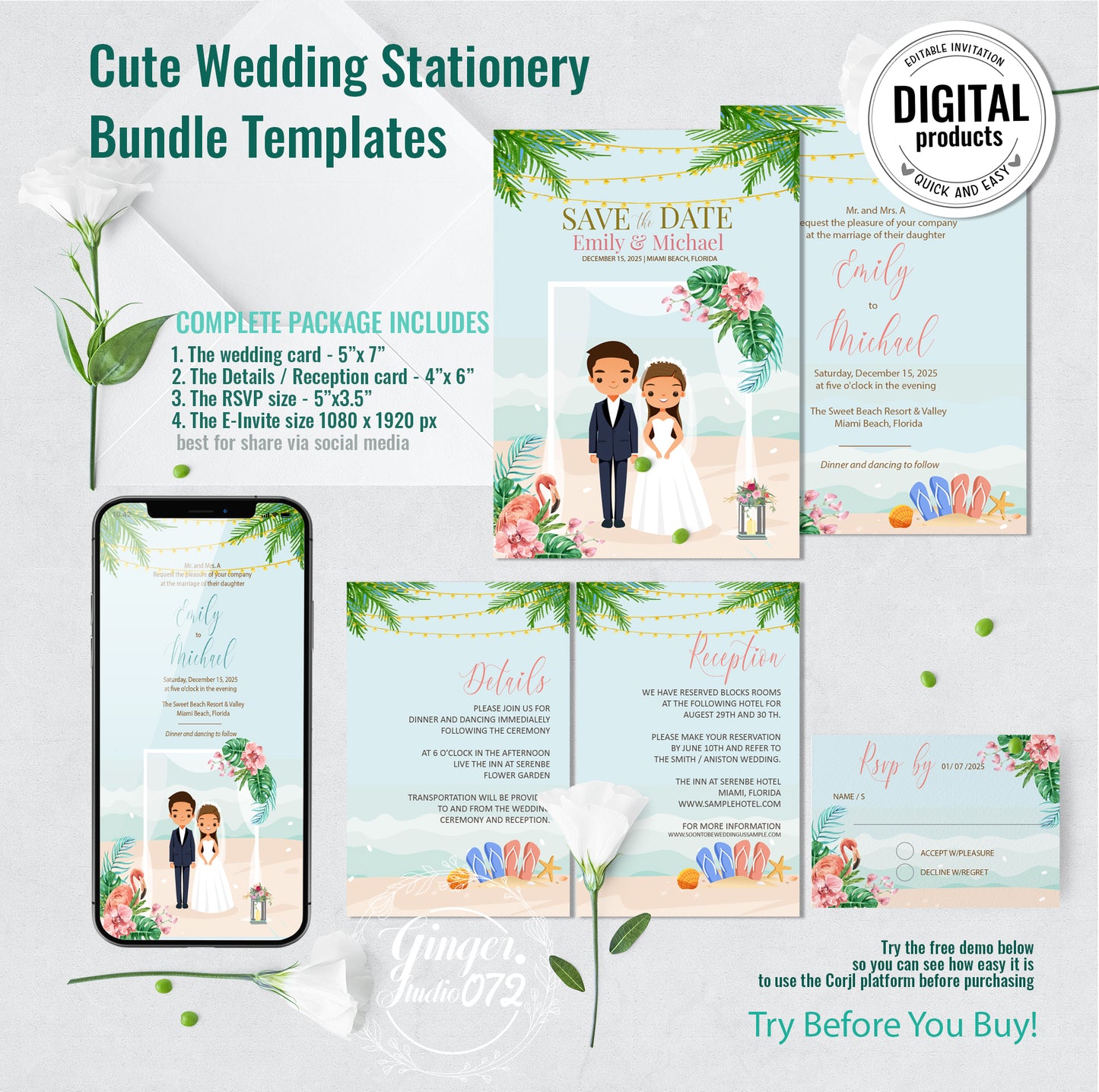Cute Wedding Invitation, E-Invitation, Digital Template Set #wd7911
