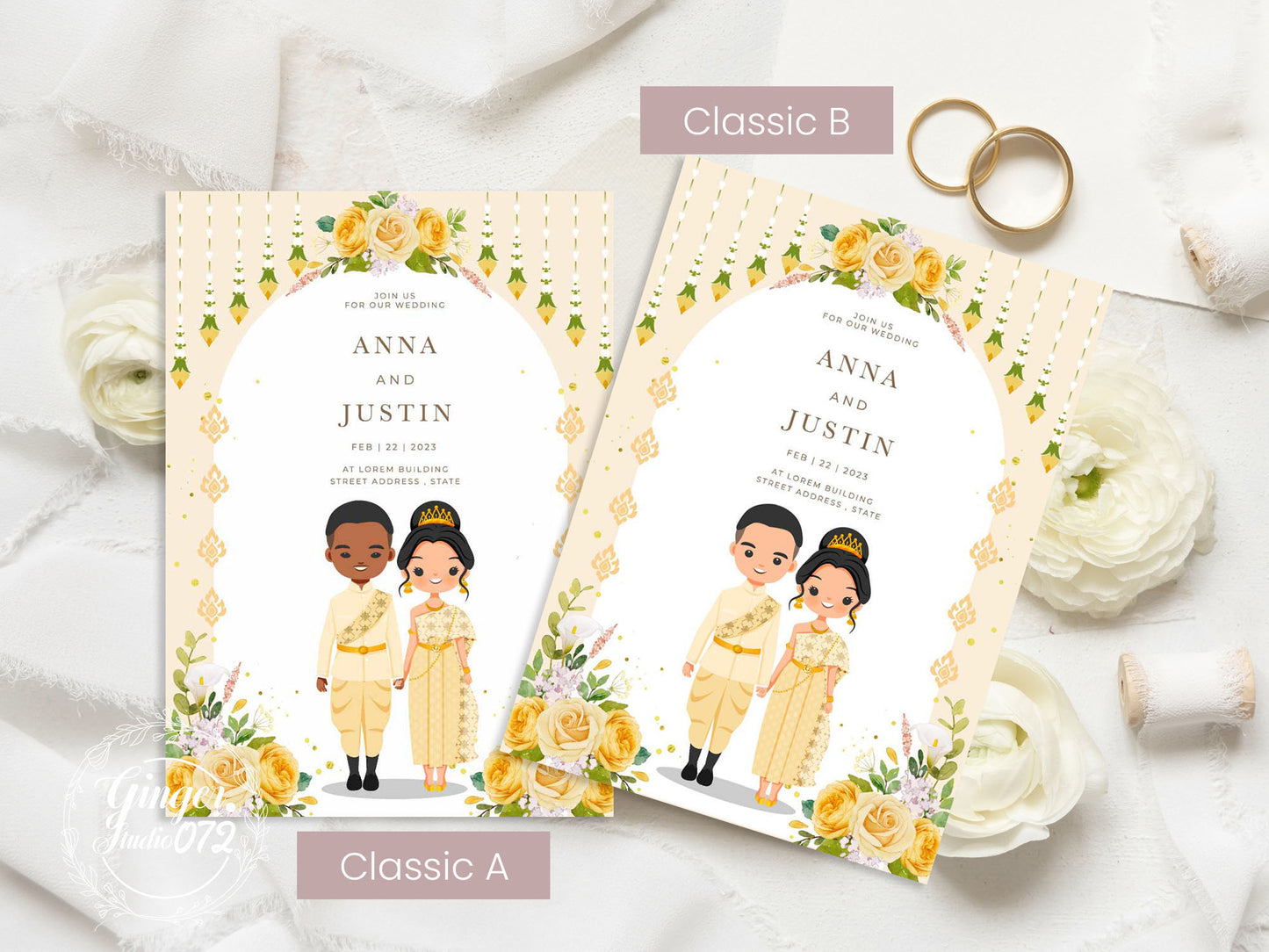 Cute Asian, Khmer, Lao, Thai Wedding invitation, E-Invite template #sewc220102