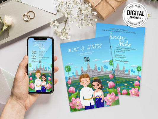 Cute Asian, Khmer, Lao, Thai Wedding invitation, E-Invite template #asiv240202
