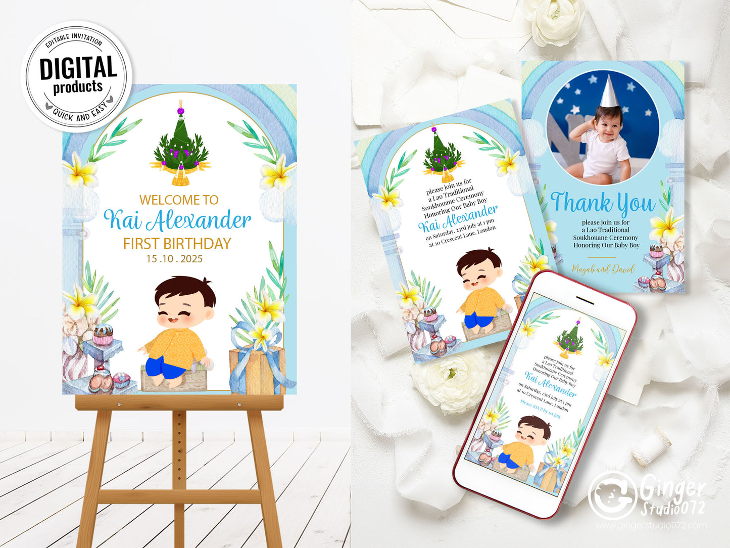 Cute 1st Birthday Invitation, Southeast Asian Theme, Customize Template #fbiv230503