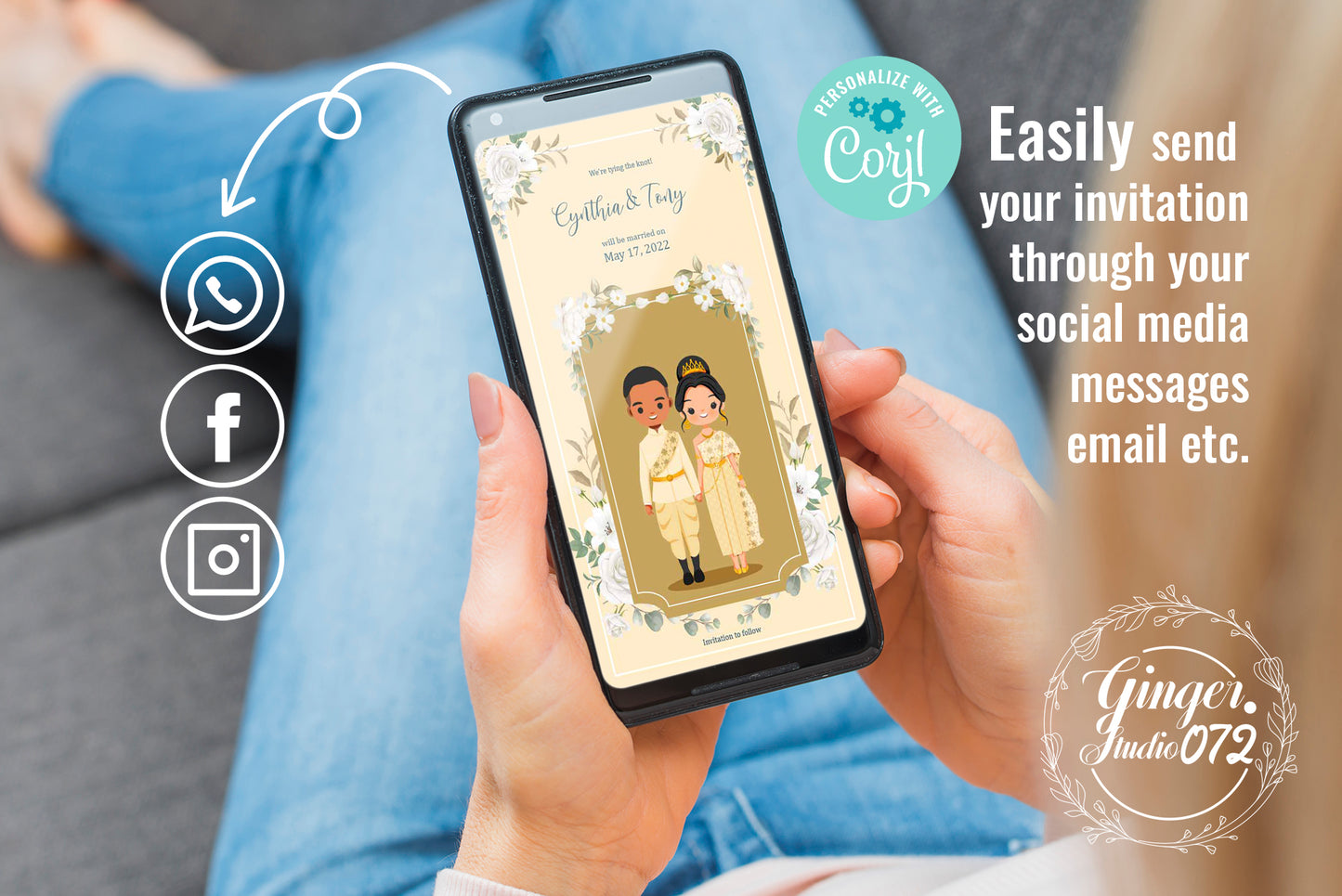 Cute Asian, Khmer, Lao, Thai Wedding invitation, E-Invite template #sewc220104