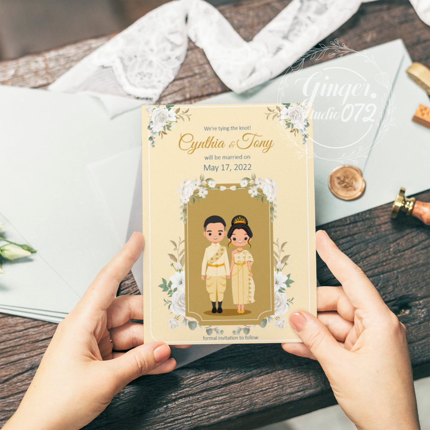 Cute Asian, Khmer, Lao, Thai Wedding invitation, E-Invite template #sewc220104