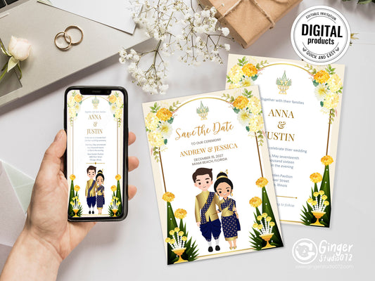 Cute Asian, Khmer, Lao, Thai Wedding invitation, E-Invite template #asiv241201