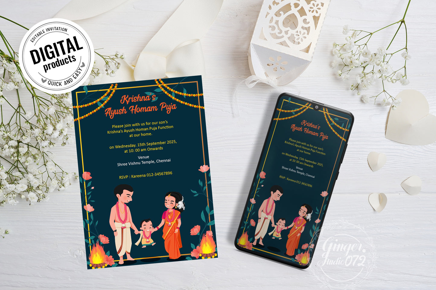 Cute Milestone invite, Ayush Homam puja function Customize Template #ibsc220701