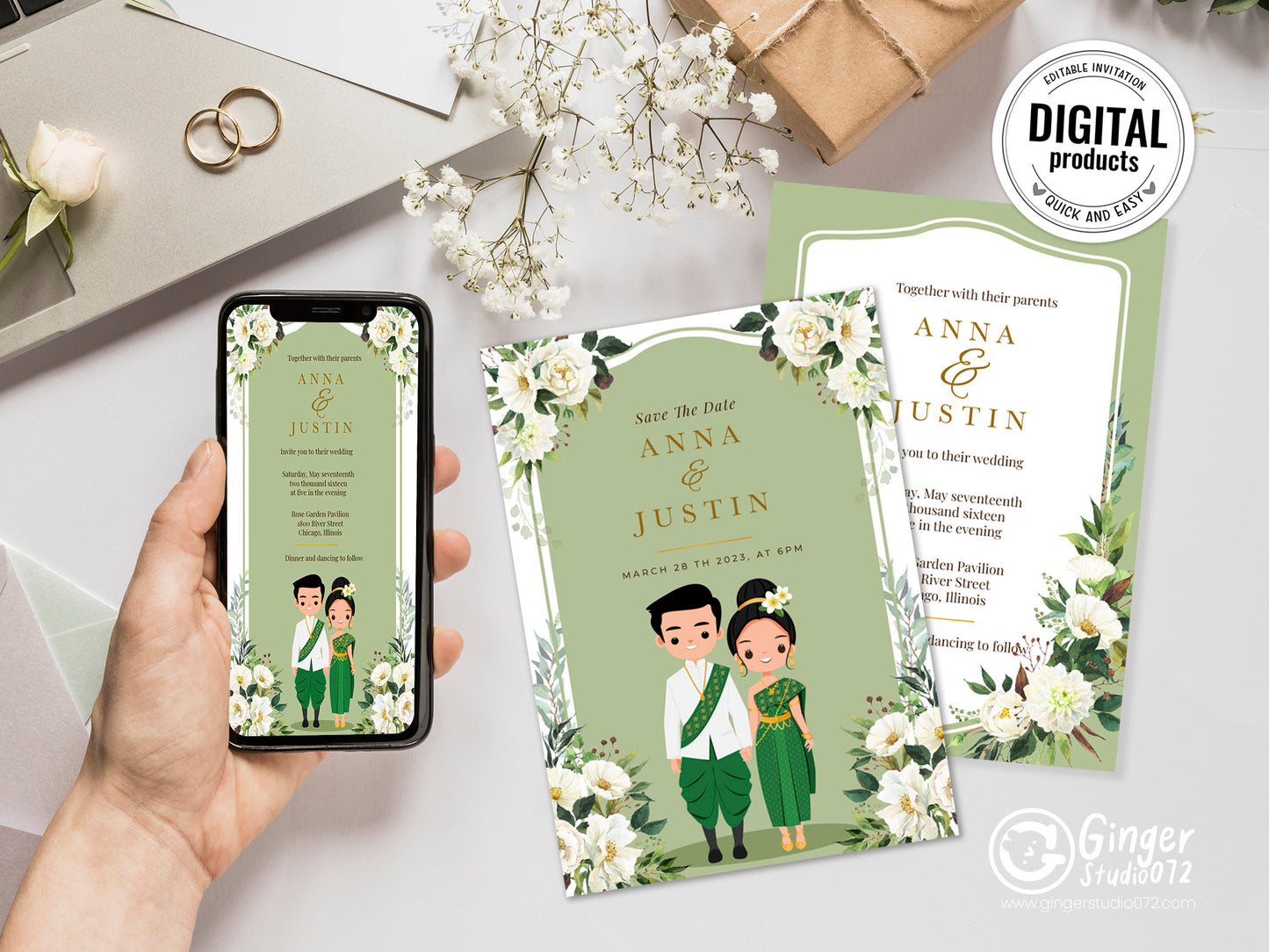 Cute Asian, Khmer, Lao, Thai Wedding invitation, E-Invite template #sewc230103