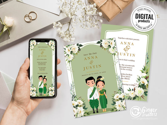 Cute Asian, Khmer, Lao, Thai Wedding invitation, E-Invite template #sewc230103