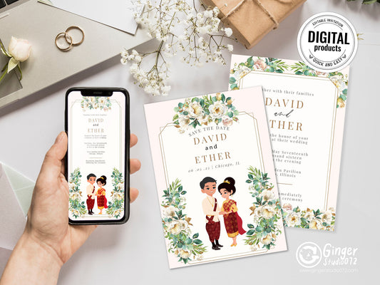Cute Asian, Khmer, Lao, Thai Wedding invitation, E-Invite template #sewc221102
