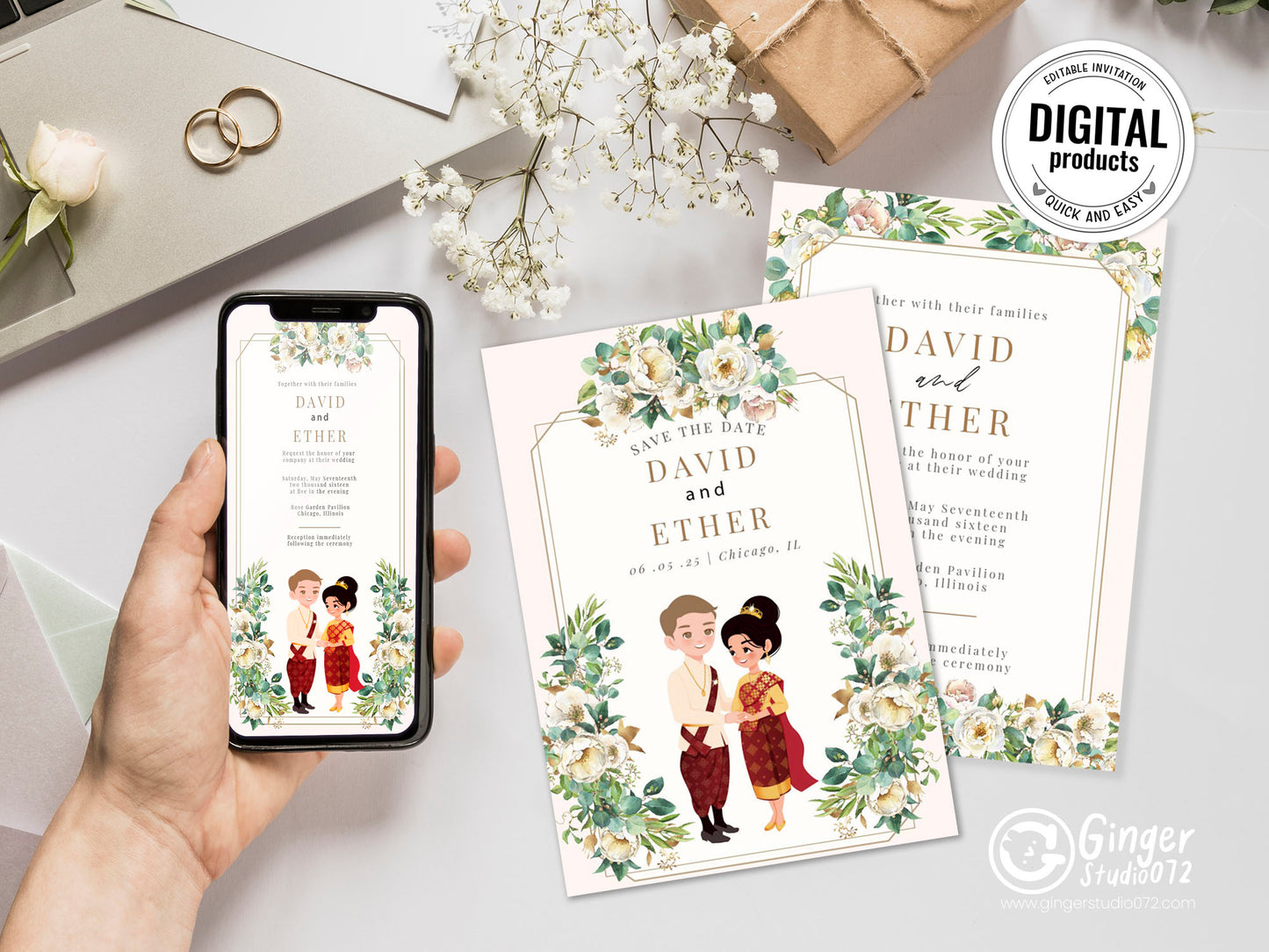 Cute Asian, Khmer, Lao, Thai Wedding invitation, E-Invite template #sewc221102