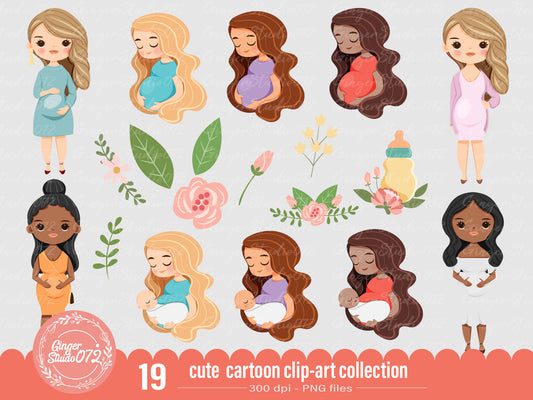 Cute Clipart : Mother and Baby cartoon illustration transparent background set  #CL200601
