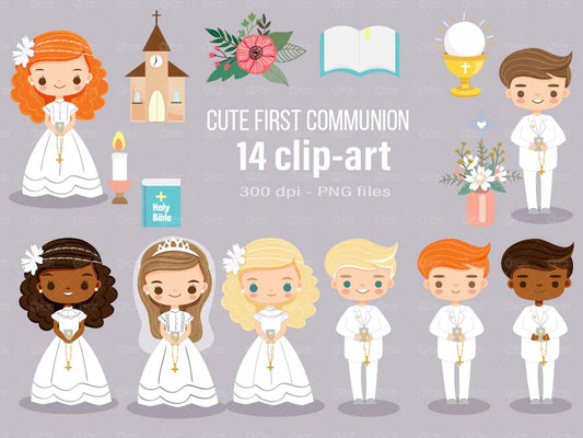 Cute Clip-art : First Communion cartoon Illustration transparent background set