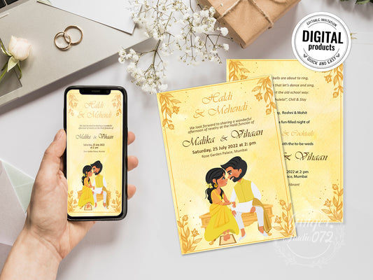 Cute Indian/Hindu wedding invite, Haldi/Mehndi/Sangeet, Customize template #idhd210504