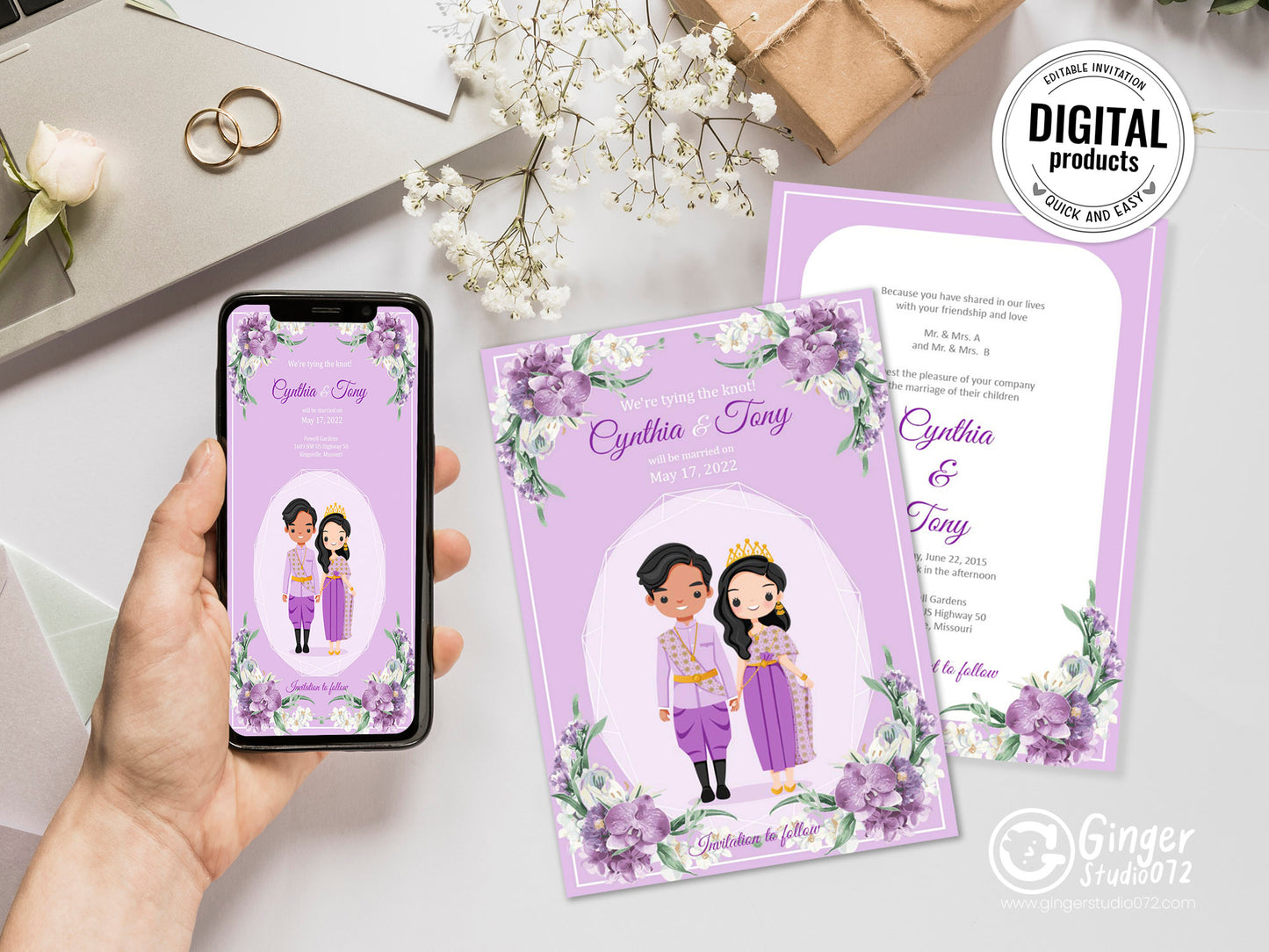 Cute Asian, Khmer, Lao, Thai Wedding invitation, E-Invite template #sewc220403