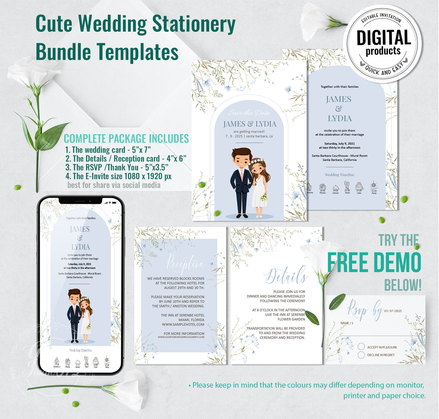 Cute Wedding Invitation, E-Invitation, Digital Template Set #ctwd230102
