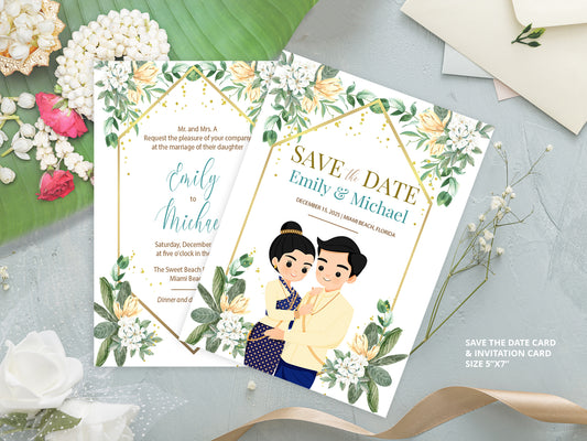 Cute Asian, Khmer, Lao, Thai Wedding invitation, E-Invite template #sewc211202